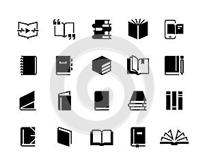 Black books icons. Study education book set, textbook magazine diary bible business collection. Vector logo