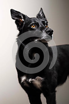 Black border collie herding dog grey background indoor