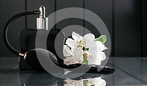 Black bottle of eau de toilette or perfume with tassel spray pomp stands on dark reflective surface with apple blossom