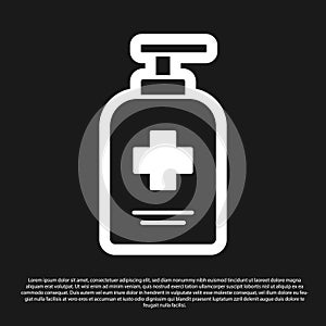 Black Bottle of liquid antibacterial soap with dispenser icon isolated on black background. Antiseptic. Disinfection