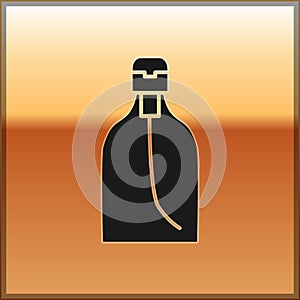Black Bottle of liquid antibacterial soap with dispenser icon isolated on gold background. Disinfection, hygiene, skin