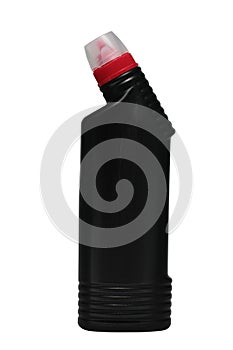 Black bottle of liquid drain cleaner with red cap on isolated white background