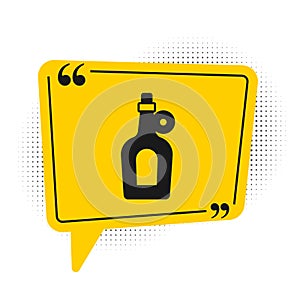 Black Bottle of maple syrup icon isolated on white background. Yellow speech bubble symbol. Vector