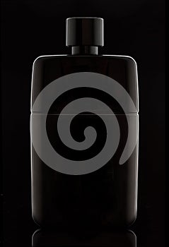 Black bottle of perfume with stylish white outline and gradient on black background