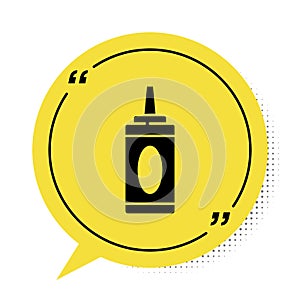 Black Bottle of shampoo icon isolated on white background. Yellow speech bubble symbol. Vector Illustration