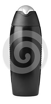 Black bottle with shampoo isolated on white. Men`s cosmetics