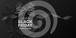 Black bow and curly ribbon with tag for Black Friday sale. Vector label to advertise your business promotions. Commercial discount