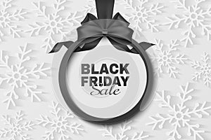 Black bow and ribbon with label for Black Friday sale. Vector template to advertise your business promotions. Commercial discount