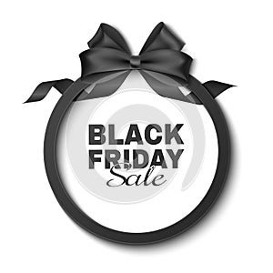 Black bow and ribbon with label isolated on white background for Black Friday sale. Vector frame to advertise your business