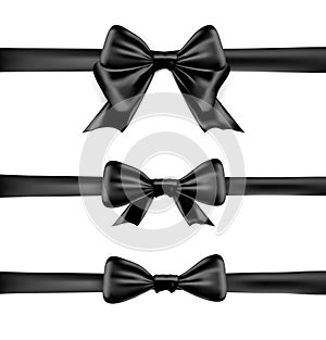 Black bow on white background greeting card. Ralistic black ribbon bow. Celebration decoration black design element