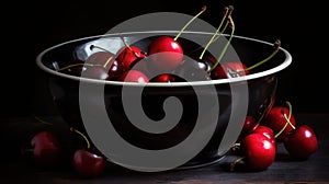 a black bowl filled with cherries on top of a wooden table