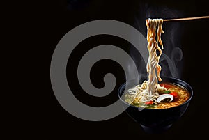 Black bowl with hot spicy ramen soup and chopsticks holding noodle on a black background with copy-space. Generative AI