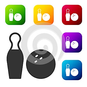 Black Bowling pin and ball icon isolated on white background. Sport equipment. Set icons in color square buttons. Vector