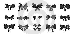 Black bows icons. Decorative bowknot silhouettes different shapes, gift wrapping ribbons, ornate elements for party celebration