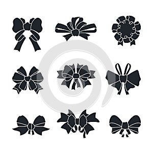 Black bows and ribbons. Gift ties silhouettes isolated on white, birthday gift and New Year present bows. Vector