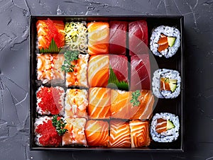 A black box with sushi and other food