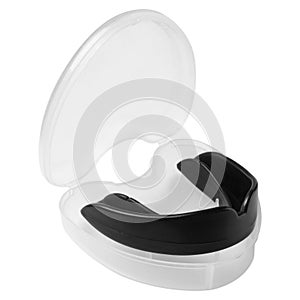 Black boxing mouthguard, in a plastic container, protection of teeth and lips