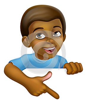 Black Boy Cartoon Child Kid Pointing Sign