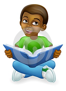 Black Child Boy Cartoon Kid Reading Book