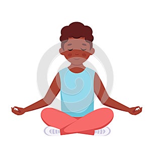 Black boy meditating in lotus pose. Gymnastic, yoga and meditation for children. Vector illustration