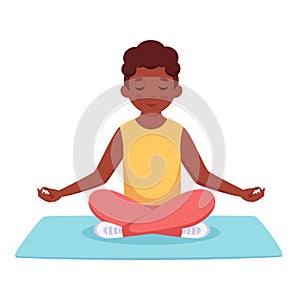 Black boy meditating in lotus pose. Gymnastic, yoga and meditation for children. Vector illustration