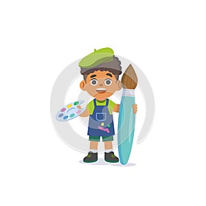 a black boy painter with apron and big painting brush, illustration cartoon character vector design on white blackground