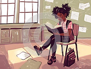 Black boy is reading and studying in class