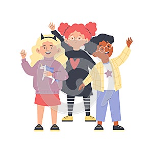 Black boy, redhead curly girl with pigtails wearing glasses and blonde child in skirt waving hand. Diverse school vector