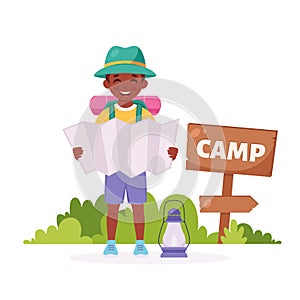 Black boy scout with map, backpack. Camping concept. Summer kids camp. Vector illustration