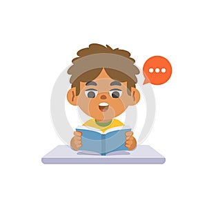 A black boy study reading the book on the desk, illustration cartoon character vector design on white background. kid and