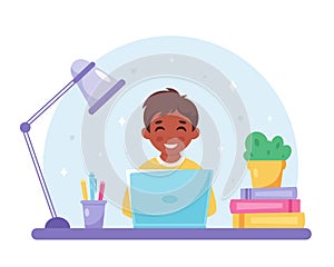 Black boy studying with computer. Online learning, back to school concept. Vector illustration
