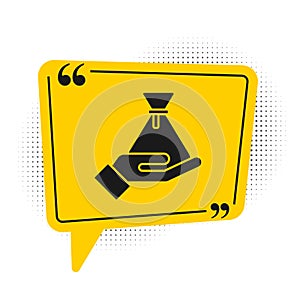 Black Bribe money bag icon isolated on white background. Bill currency. Yellow speech bubble symbol. Vector