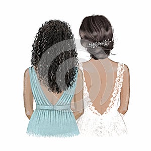 Black bride and bridesmaid. Hand drawn illustration