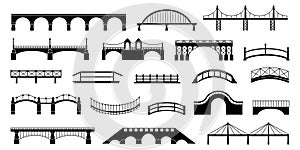 Black bridges silhouettes. Isolated bridge icons, urban architecture constructions elements. Transportation and city