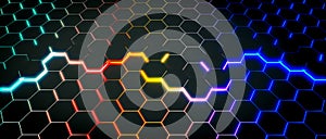 Black and bright background with luminescent hexagonal shapes