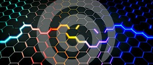 Black and bright background with luminescent hexagonal shapes photo