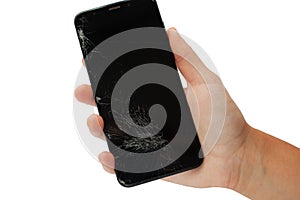 Black broken phone in hand on white background cracked touchscreen screen   isolate