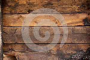 Black and brown burnt wall of house of wooden planks with embossed texture. background for copy space