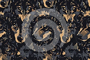 A black and brown camo pattern made of black wolf heads. Generative AI.