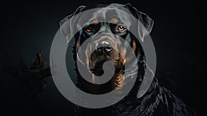 a black and brown dog with orange eyes and a black background. generative ai