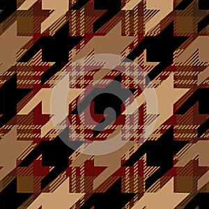 Black and brown houndstooth on red plaid pattern fabric swatch