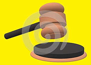 A black and brown judge gavel hammer and sound block bright yellow backdrop