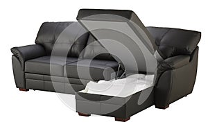 Black brown leather corner couch bed isolated on white