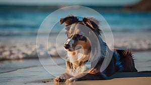 Black brown white Australian Shepherd dog sit and relaxed at the beach blurry background