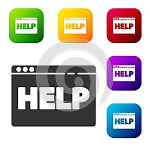 Black Browser help icon isolated on white background. Internet communication protocol. Set icons in color square buttons