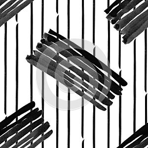 Black brush strokes on vertical black stripes on white background seamless pattern