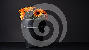 Black bucket with vibrant orange flowers standing against a stark black background, AI-generated.
