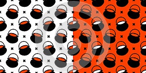 Black buckets or bowlers on a white and orange background. Halloween seamless pattern for t-shirts or packaging.