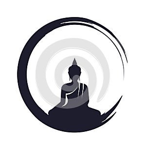 Black Buddha meditated sign in paintbrush circle line zen style vector design