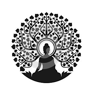 Black Buddha Meditation with radiate glow sit under bodhi tree with leafs heart shape abstract modern circle style vector design